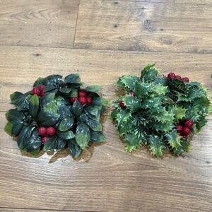 Vintage Plastic‎ Christmas Candle Wreath Lot of 2 Berries Pine Holly Red Green